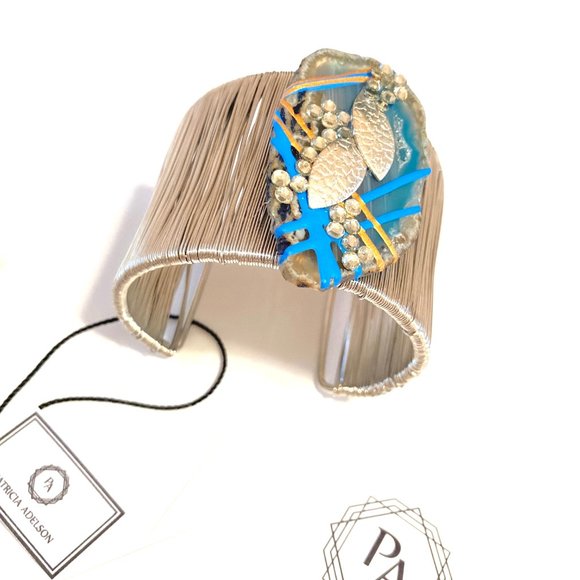 Gold Plated Bangle + Earrings BLUE Agate - Picture 3 of 6